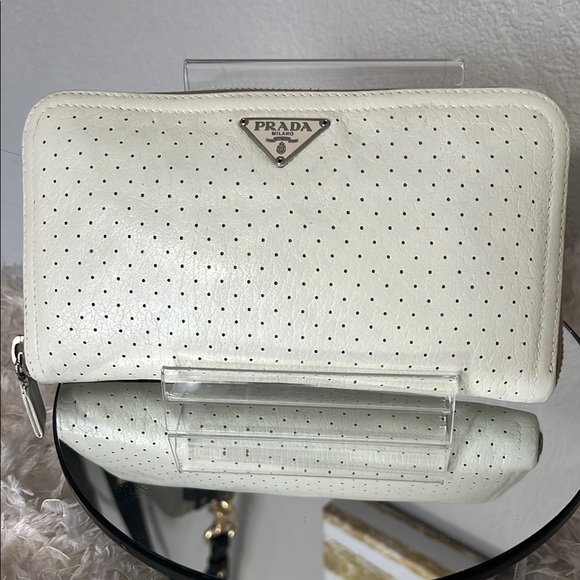 Prada White Perforated Leather Wallet - Picture 1 of 15